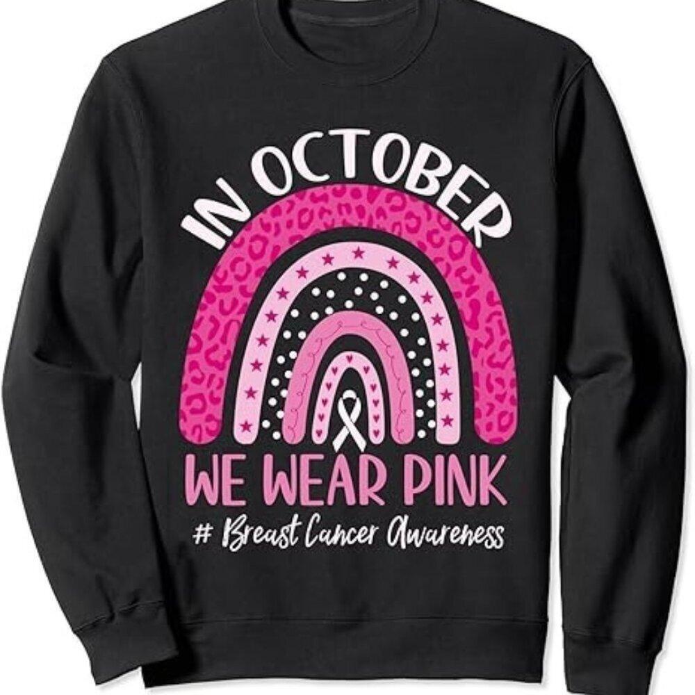 In October We Wear Breast Cancer Awareness Rainbow Graphic Retro 05